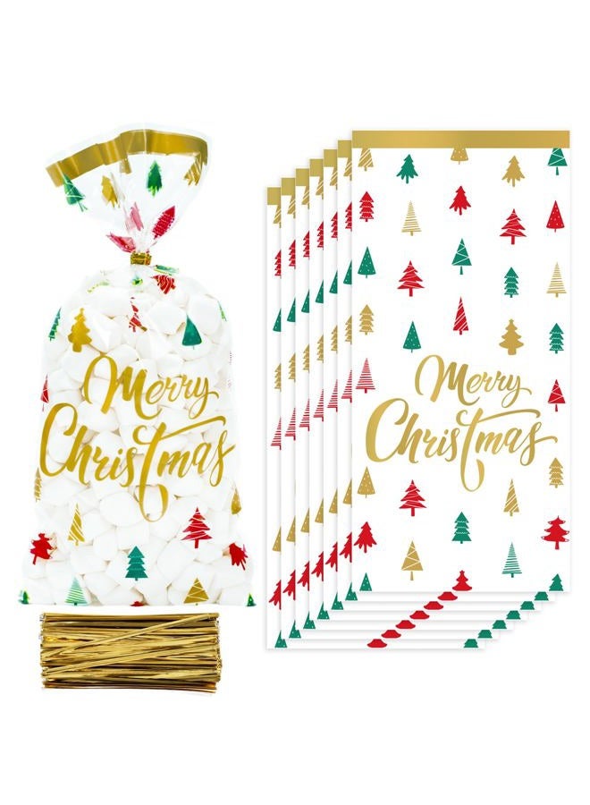 Whaline 150Pcs Christmas Cellophane Bags Red Green Gold Xmas Tree Print Candy Cookie Treat Bags Plastic Holiday Goodie Bags with Twist Tie - Image 1