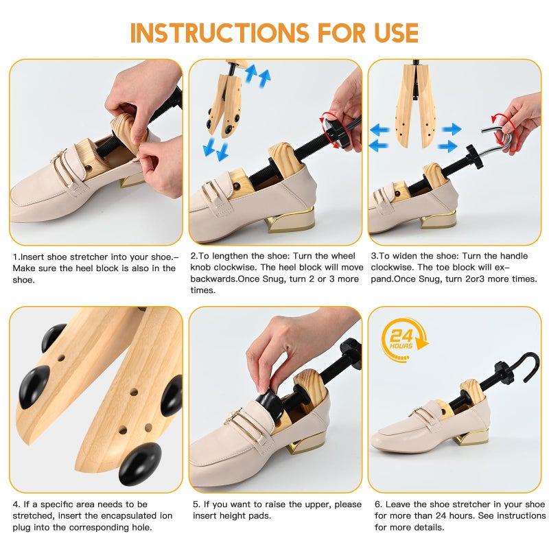 eachway Wooden Shoe Stretcher Men and Women for Wide Feetï¼ŒPair Premium of 4-way Shoe Trees Widener Stretch Length & Width S for Women's 5.5-10 - Image 5