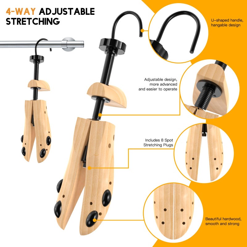 eachway Wooden Shoe Stretcher Men and Women for Wide Feetï¼ŒPair Premium of 4-way Shoe Trees Widener Stretch Length & Width S for Women's 5.5-10 - Image 4