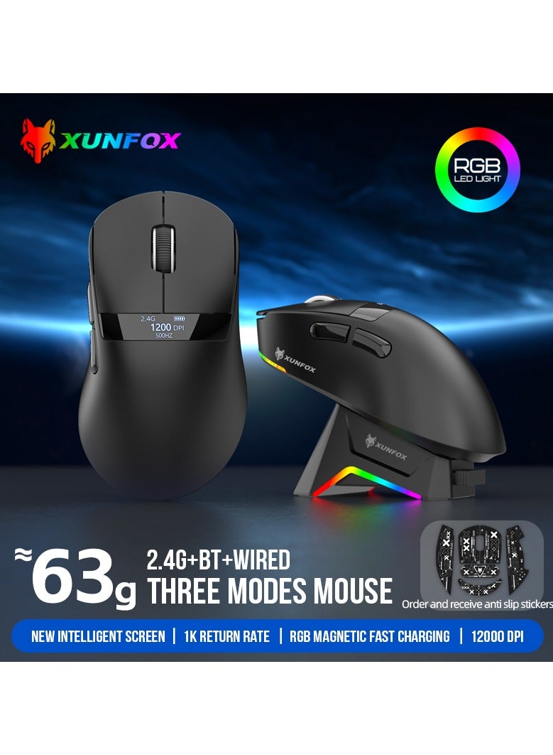 XUNFOX H9 Pro Wireless Gaming Mouse, 3 Modes (2.4G+BT+Wired), 12000 DPI, RGB Charging Dock, OLED Screen Display, Magnetic Fast Charging, Lightweight 63g, PAW3311 Sensor, PU Sticker – Black