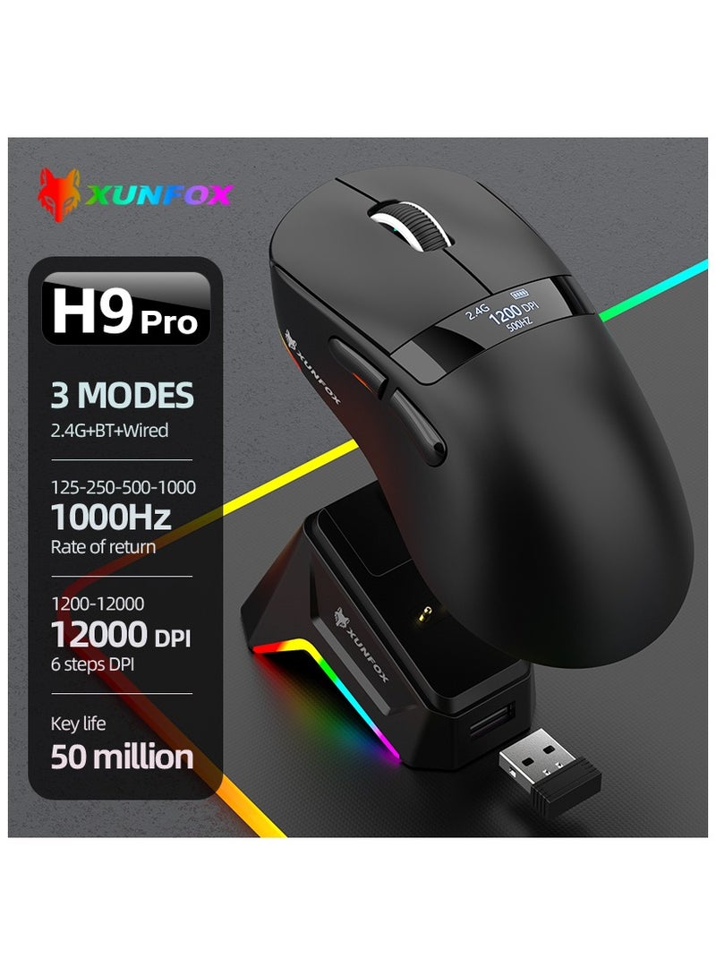 XUNFOX XUNFOX H9 Pro Wireless Gaming Mouse, 3 Modes (2.4G+BT+Wired), 12000 DPI, RGB Charging Dock, OLED Screen Display, Magnetic Fast Charging, Lightweight 63g, PAW3311 Sensor, PU Sticker – Black - Image 2