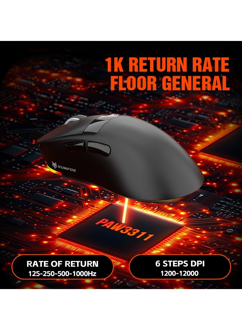 XUNFOX XUNFOX H9 Pro Wireless Gaming Mouse, 3 Modes (2.4G+BT+Wired), 12000 DPI, RGB Charging Dock, OLED Screen Display, Magnetic Fast Charging, Lightweight 63g, PAW3311 Sensor, PU Sticker – Black - Image 4
