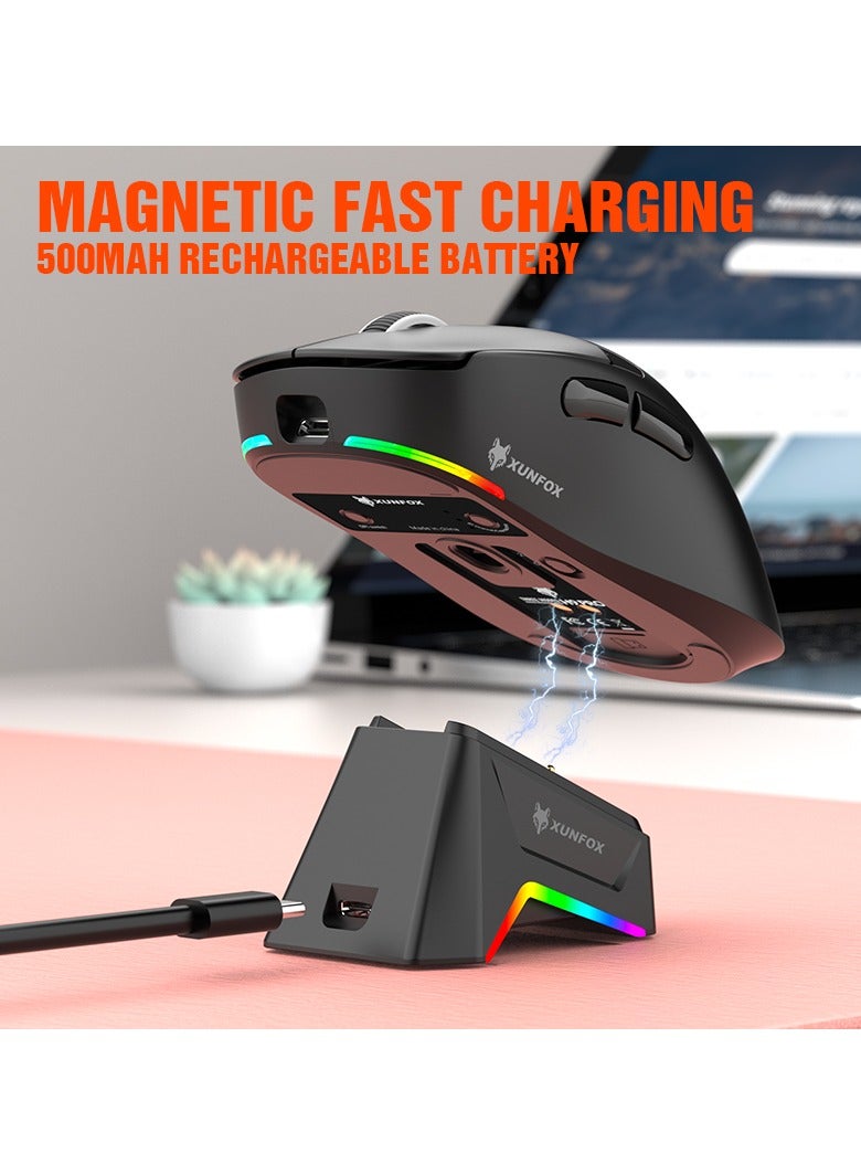 XUNFOX XUNFOX H9 Pro Wireless Gaming Mouse, 3 Modes (2.4G+BT+Wired), 12000 DPI, RGB Charging Dock, OLED Screen Display, Magnetic Fast Charging, Lightweight 63g, PAW3311 Sensor, PU Sticker – Black - Image 5