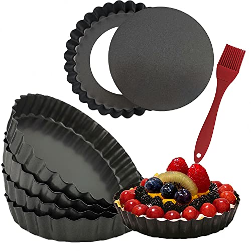 DATANYA 6 Pack 5 Inch Mini Tart Pans with Removable Bottom Round Nonstick Quiche Pan Heavy Duty Fluted Side Pie Tart Molds for Tartlets Mousse Cakes Dessert Baking