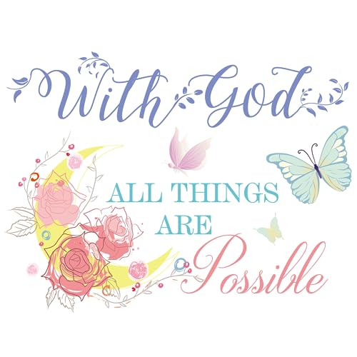 JINGIHE Colorful Bible Verse Wall Decals, with God All Things are Possible Wall Decor, Vinyl Inspirational Quotes Stickers 20.8 x 15.7 Inch, Flower Butterfly Decal for Bedroom, Living Room - Image 1