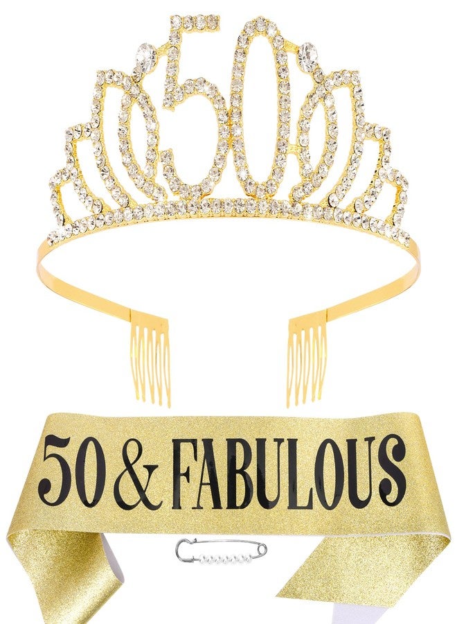 Hapdoo 50th Birthday Decorations for Women, 50th Birthday Gifts Sash and Crown for Women Set, 50 & Fabulous Party Supplies, Gold - Image 1