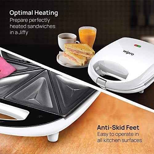 Wipro Vesta BS101 700 Watt Premium Sandwich Maker cum Toaster, White, Automatic Temperature Control, Smart LED Indicator, Non-stick-BPA& PFOA White,1 Year Warranty, Regular Bread Size for 2 Slices - Image 2