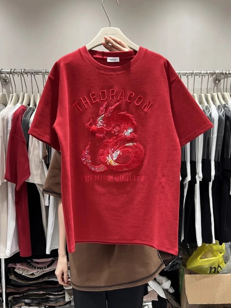 Thickened Short-Sleeved T-Shirt Women'S 2023 New Arrival Heavy Industry Embroidered Dragon Year National Trendy Long Half-Sleeved Top - Image 2