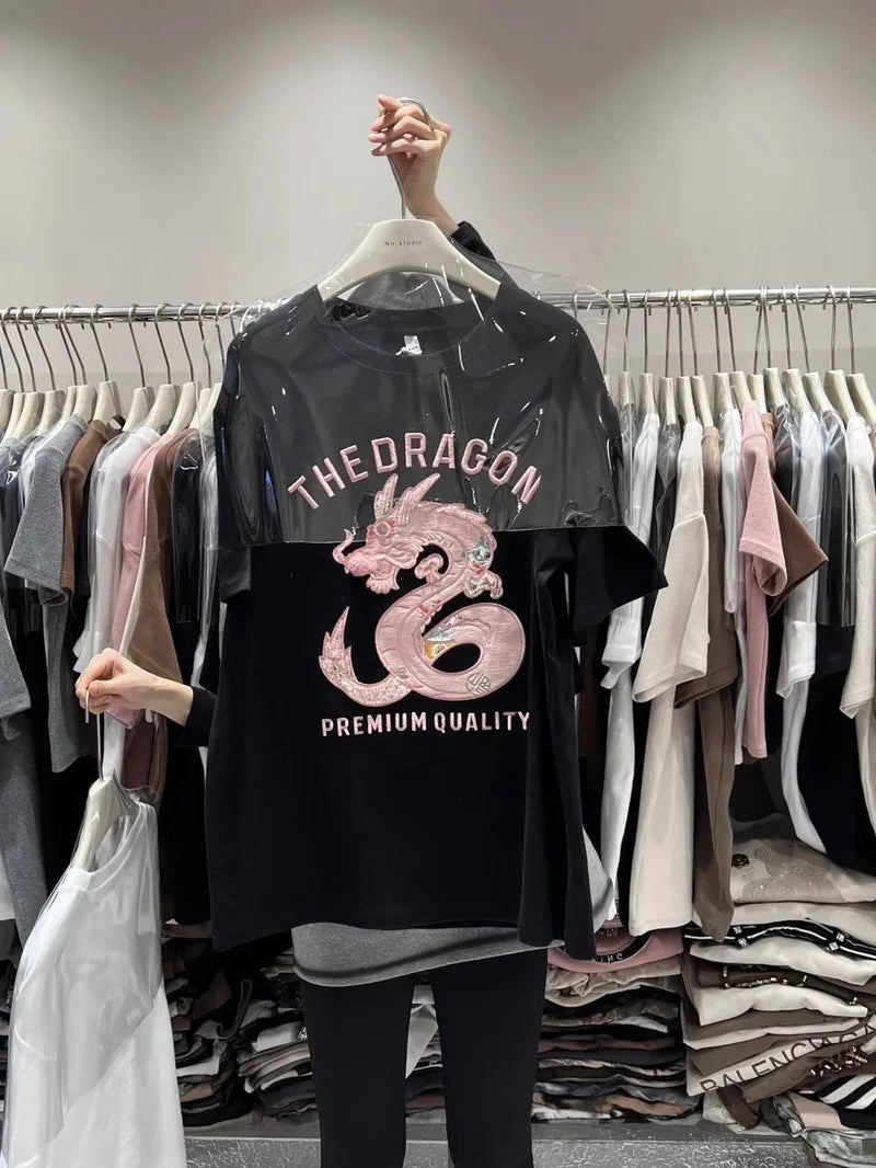 Thickened Short-Sleeved T-Shirt Women'S 2023 New Arrival Heavy Industry Embroidered Dragon Year National Trendy Long Half-Sleeved Top - Image 4