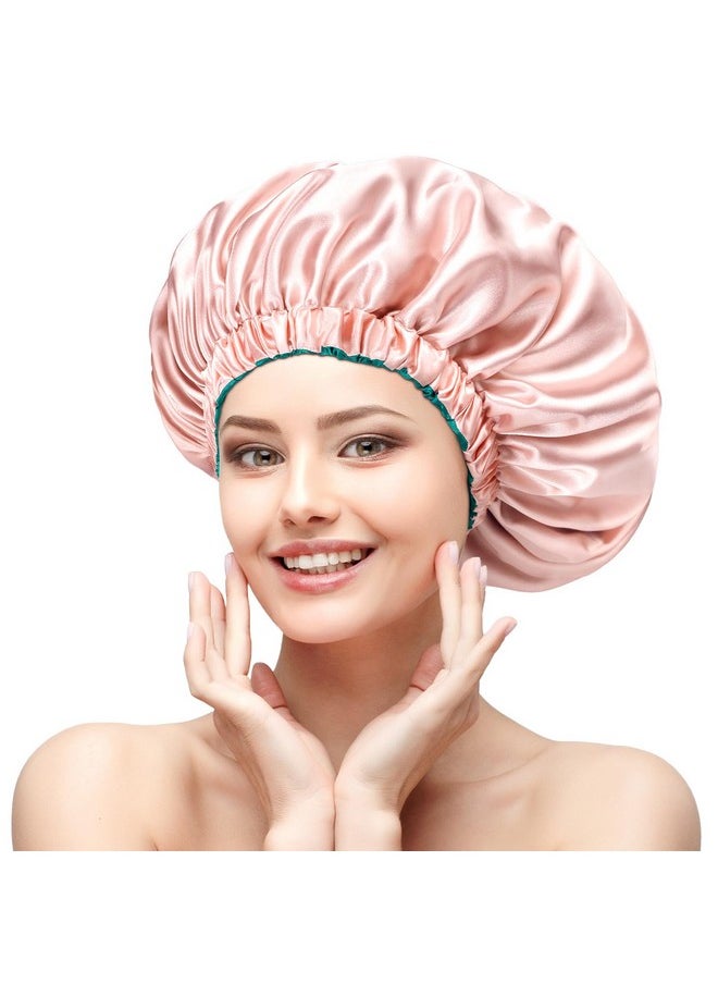 mikimini Ikimini Satin Bonnet For Sleeping Pack Of 2 Curly Hair Silk Sleep Cap For Women And Men Reversible Double Layer Bonnets Xlarge Sleeping Cap Soft Stretchy Night Cap For Hair Care (Green+Pink)  - Image 1