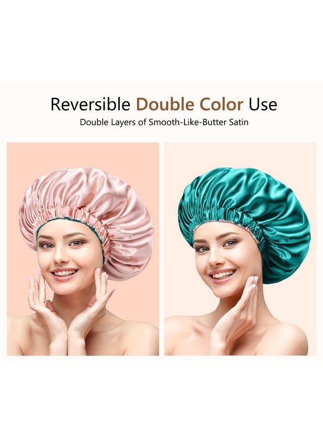 mikimini Ikimini Satin Bonnet For Sleeping Pack Of 2 Curly Hair Silk Sleep Cap For Women And Men Reversible Double Layer Bonnets Xlarge Sleeping Cap Soft Stretchy Night Cap For Hair Care (Green+Pink)  - Image 3