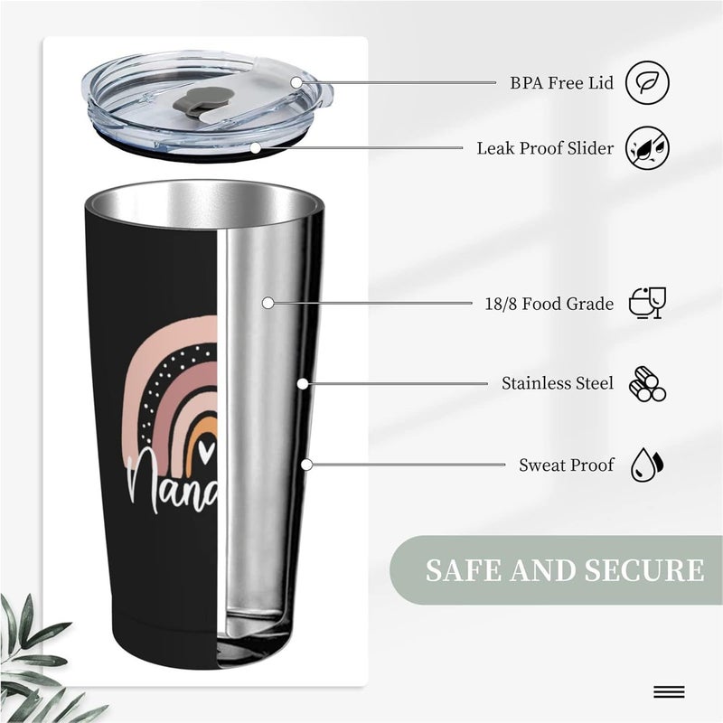 Wisedeal Nana Stainless Steel with Lid Insulated Thermal Vacuum Tumbler Coffee Mug Mothers Day Christmas Birthday Gifts Mug for Grandma Mom Aunt Women from Grandchildren Black 20 Oz - Image 4