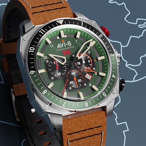 AVI-8 Hawker Hunter Men's Japanese Quartz 43mm Green Dial Watch with Leather Strap AV-4100-01 - Image 2