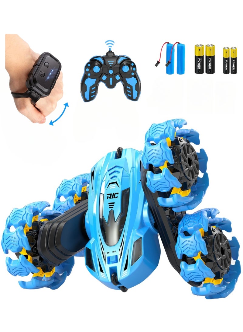 Remote Control Car Toy, Induction Remote Control Stunt Car 4WD 2.4Ghz Explosion Remote Control Car with Headlight, Double Sided 360° Flip Dual Control Remote Control/Remote Control Watch Remote Control Car, Equipped with Dual Batteries. Suitable for Boys/Girls (Blue) - Image 1