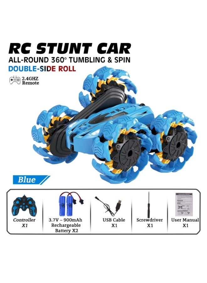 Remote Control Car Toy, Induction Remote Control Stunt Car 4WD 2.4Ghz Explosion Remote Control Car with Headlight, Double Sided 360° Flip Dual Control Remote Control/Remote Control Watch Remote Control Car, Equipped with Dual Batteries. Suitable for Boys/Girls (Blue) - Image 2