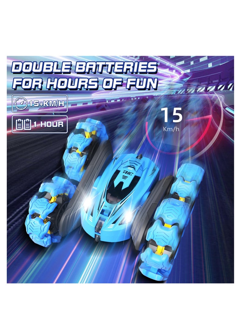 Remote Control Car Toy, Induction Remote Control Stunt Car 4WD 2.4Ghz Explosion Remote Control Car with Headlight, Double Sided 360° Flip Dual Control Remote Control/Remote Control Watch Remote Control Car, Equipped with Dual Batteries. Suitable for Boys/Girls (Blue) - Image 5