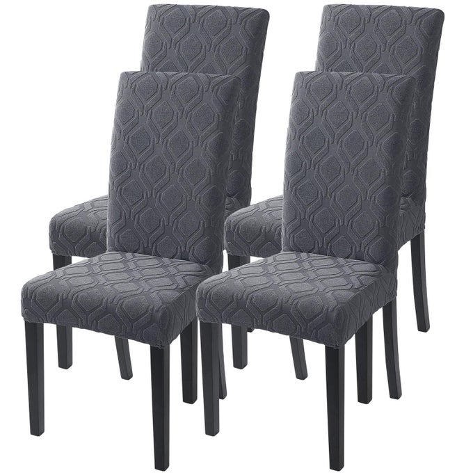 DINING ROOM CHAIR COVERS SET OF 4 STRETCH JACQUARD PARSONS CHAIR SLIPCOVERS SPANDEX REMOVABLE WASHABLE KITCHEN CHAIR PROTECTOR COVER FOR DINING ROOM HOTEL CEREMONY GREY