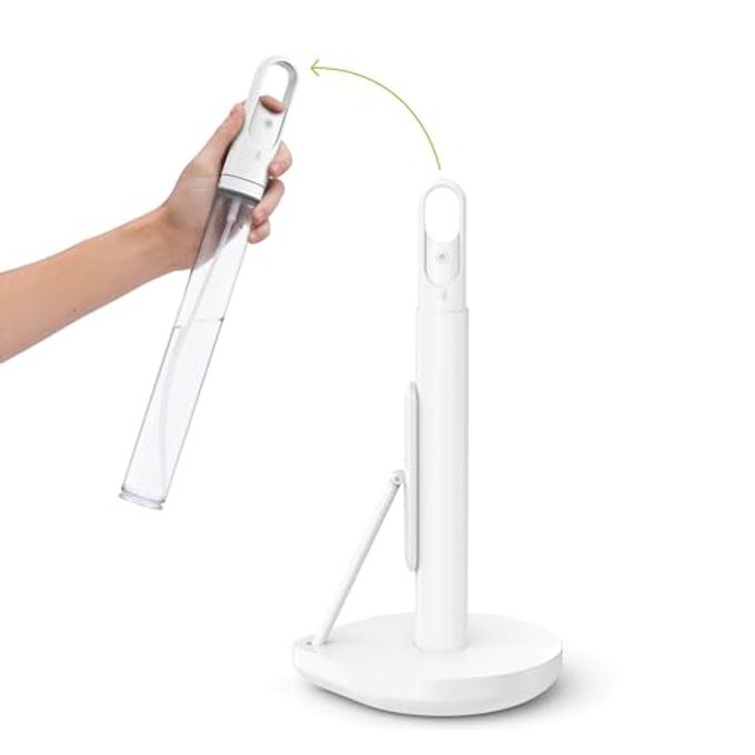 simplehuman Paper Towel Holder with Spray, All-in-One Countertop Paper Towel and Cleaner Dispenser, 6 oz Refillable Pump, One-Handed Tear, Weighted Base, White