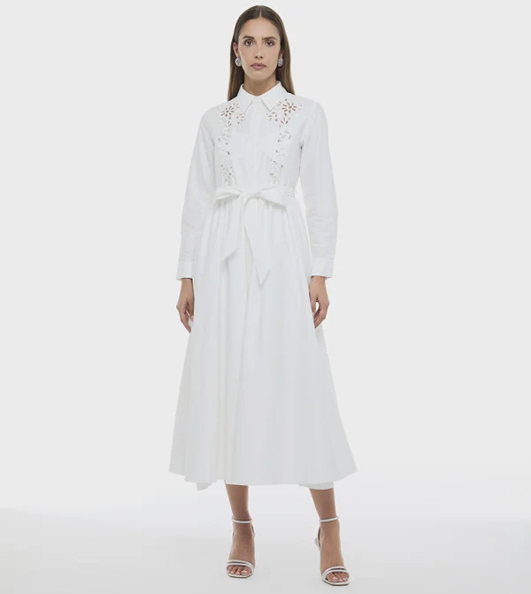 بي سي بي جي BCBG Flower Embroidered Shirt Dress With Belt