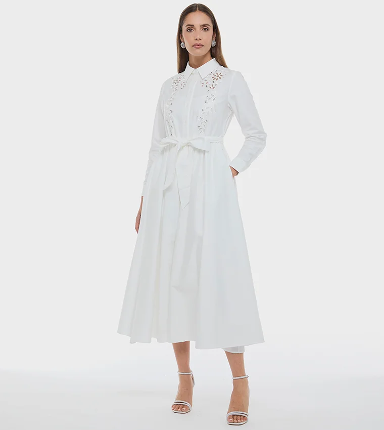 بي سي بي جي BCBG Flower Embroidered Shirt Dress With Belt