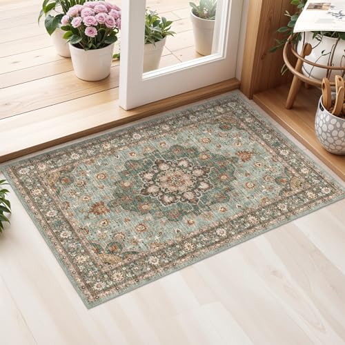 TOPRUUG Washable Oriental Area Rug - 2x3 Rugs for Living Room Soft Carpet for Bedroom Waterproof Floral Distressed Indoor Stain Resistant Non-Shedding Floor Carpets (Green, 2x3) - Image 1