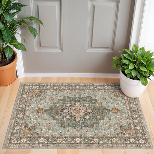 TOPRUUG Washable Oriental Area Rug - 2x3 Rugs for Living Room Soft Carpet for Bedroom Waterproof Floral Distressed Indoor Stain Resistant Non-Shedding Floor Carpets (Green, 2x3) - Image 2