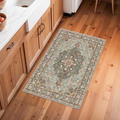 TOPRUUG Washable Oriental Area Rug - 2x3 Rugs for Living Room Soft Carpet for Bedroom Waterproof Floral Distressed Indoor Stain Resistant Non-Shedding Floor Carpets (Green, 2x3) - Image 3