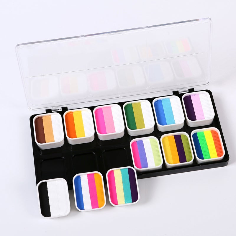 Face Painting Kit: 12 Split Water-based Color Cakes, 8 Brushes, 10 Stencils, 2 Stickers - Vibrant, Easy To Apply & Clean, Gentle For Sensitive Skin - Body Paint For Kids Halloween, Birthday, Carnival - Image 2