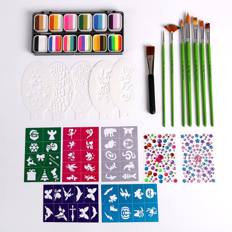 Face Painting Kit: 12 Split Water-based Color Cakes, 8 Brushes, 10 Stencils, 2 Stickers - Vibrant, Easy To Apply & Clean, Gentle For Sensitive Skin - Body Paint For Kids Halloween, Birthday, Carnival - Image 1