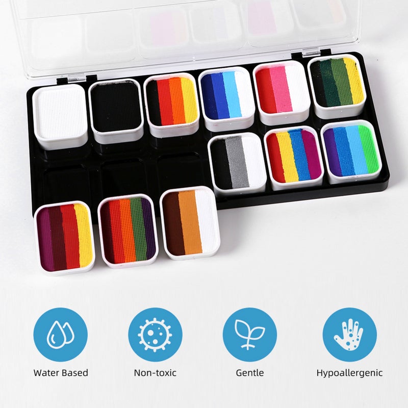 Face Painting Kit: 12 Split Water-based Color Cakes, 8 Brushes, 10 Stencils, 2 Stickers - Vibrant, Easy To Apply & Clean, Gentle For Sensitive Skin - Body Paint For Kids Halloween, Birthday, Carnival - Image 5