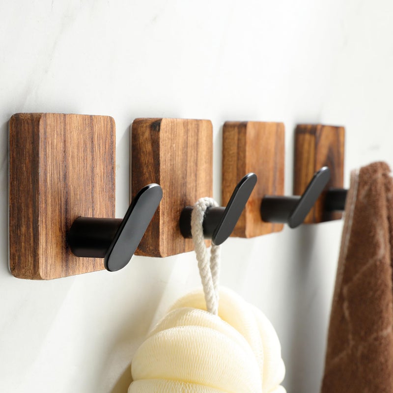 DELITON Rustic Style Hanging Hooks - Adhesive Wood Wall Hooks & Bathroom Decor Towel Hooks & Entrance Decorative Hook, Natural Carbonization - Image 1