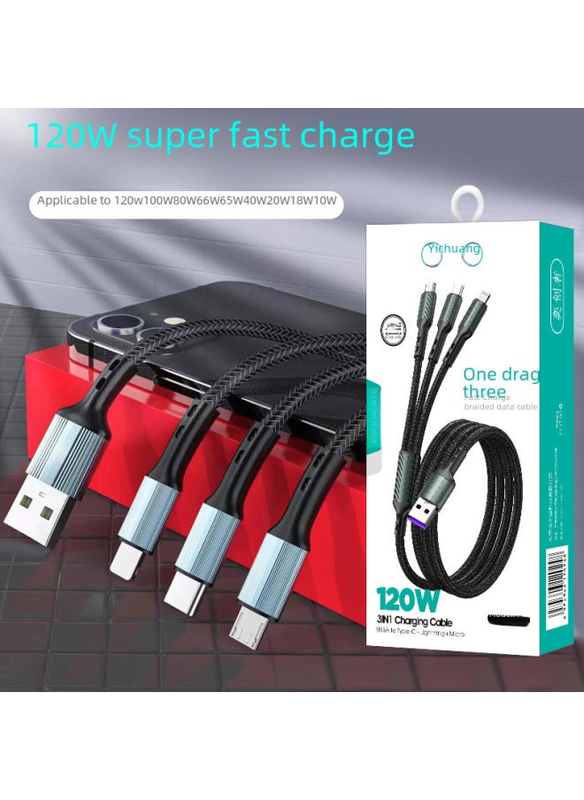 Generic Super Fast Charging 120W One-to-three Data Line Fabric Weaving Three-in-one Charging Line 6A Mobile Phone Data Line Wholesale-Model:A07 Super Fast Charge 66W One Drag Three (with Packaging)  - Image 3