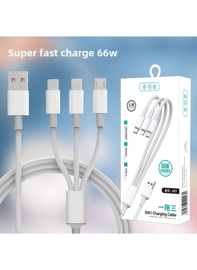 Generic Super Fast Charging 120W One-to-three Data Line Fabric Weaving Three-in-one Charging Line 6A Mobile Phone Data Line Wholesale-Model:A07 Super Fast Charge 66W One Drag Three (with Packaging)  - Image 1