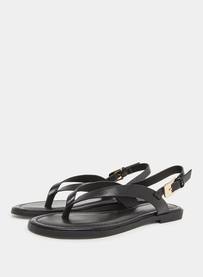 Styli Black Metal Trim Flat Sandals