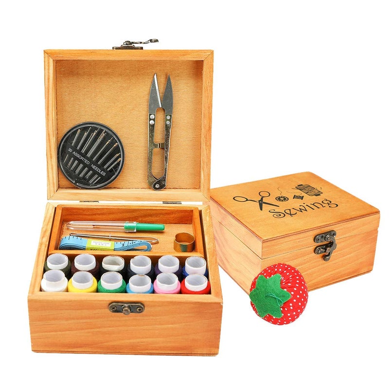 Sewing Kit Wooden Sewing Kit Box for Adults Wooden Sewing Basket with Accessories Home Sewing Basket Stitching Repair Kit for Beginner Women Men Brown