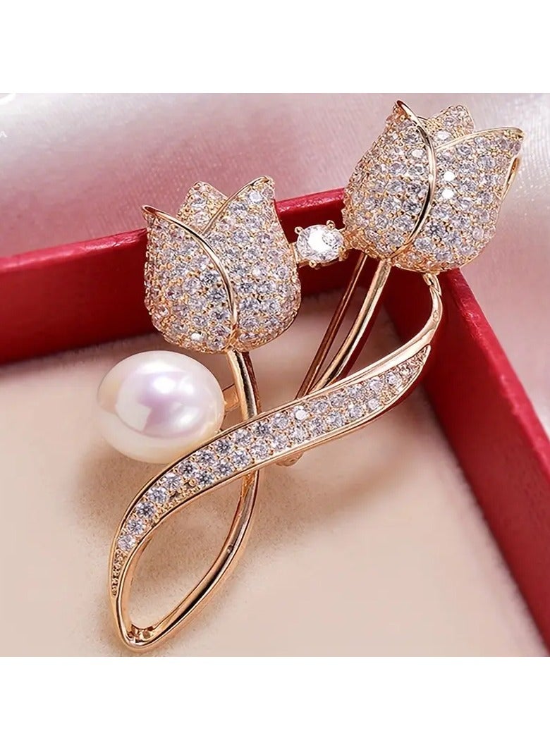 Goolsky Golden Tulip Brooch with Synthetic Zirconia - Elegant Alloy Lapel Pin with Pearl, Sparkling Flower Jewelry Accessory for Women, Ideal for Parties & Gifts, Age 15+  - Image 1