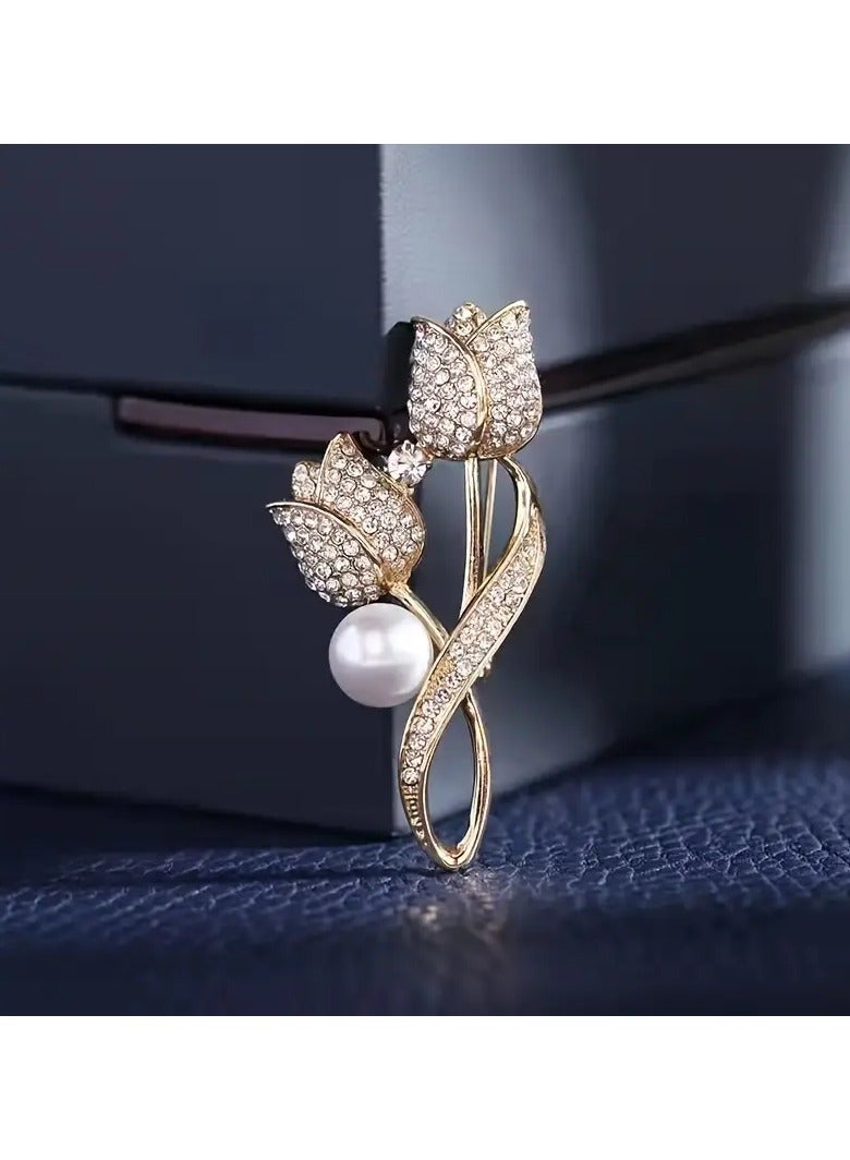 Goolsky Golden Tulip Brooch with Synthetic Zirconia - Elegant Alloy Lapel Pin with Pearl, Sparkling Flower Jewelry Accessory for Women, Ideal for Parties & Gifts, Age 15+  - Image 3