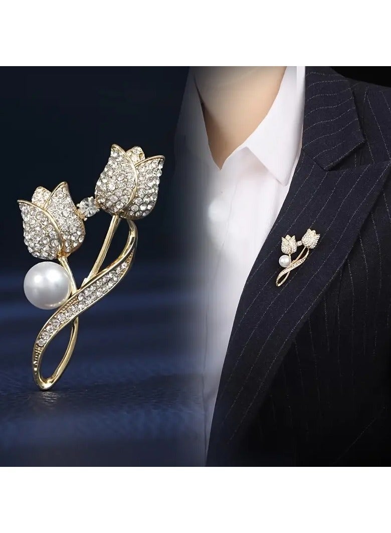 Goolsky Golden Tulip Brooch with Synthetic Zirconia - Elegant Alloy Lapel Pin with Pearl, Sparkling Flower Jewelry Accessory for Women, Ideal for Parties & Gifts, Age 15+  - Image 4