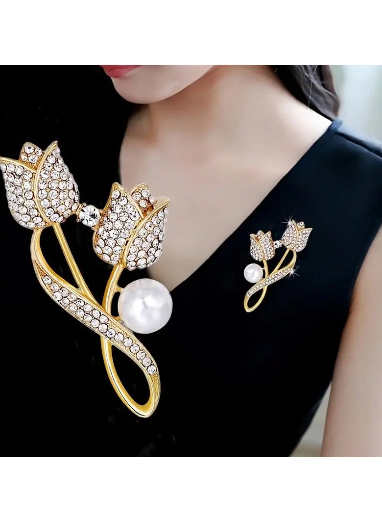 Goolsky Golden Tulip Brooch with Synthetic Zirconia - Elegant Alloy Lapel Pin with Pearl, Sparkling Flower Jewelry Accessory for Women, Ideal for Parties & Gifts, Age 15+  - Image 5