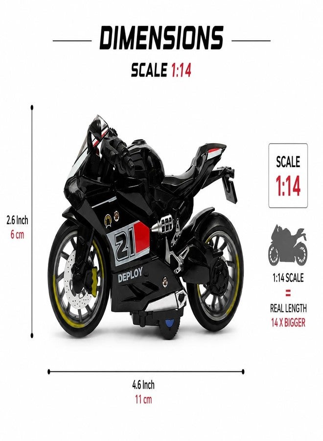IndusBay® 1:14 Scale Die-Cast Alloy Model Toy Motorcycle Pull Back Racing Motorbike Toy with Working Headlights, Rotating Throttle, Rubber Tires – Collectible Super Sports Bike Gift, Black - Image 3