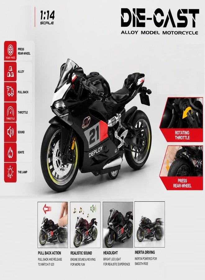 IndusBay® 1:14 Scale Die-Cast Alloy Model Toy Motorcycle Pull Back Racing Motorbike Toy with Working Headlights, Rotating Throttle, Rubber Tires – Collectible Super Sports Bike Gift, Black - Image 4