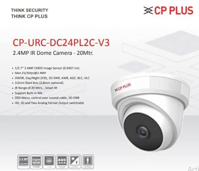 CP PLUS 2.4MP IR Dome Security Camera | 3.6mm Fixed Lens | Max 25/30fps at 2.4MP | DWDR, Day/Night (ICR) | IR Range of 20 Mtrs., Smart IR | Support Built-in Mic - CP-URC-DC24PL2C-V3 - Image 2