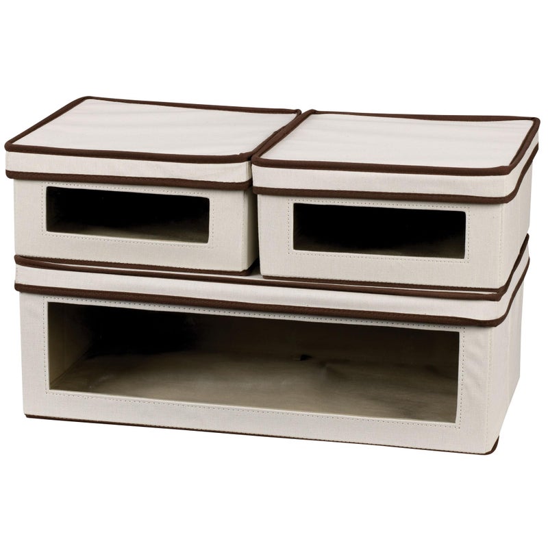 Household Essentials 5103 Vision Storage Boxes with Lids  3 Piece Set  Natural Canvas with Brown Trim