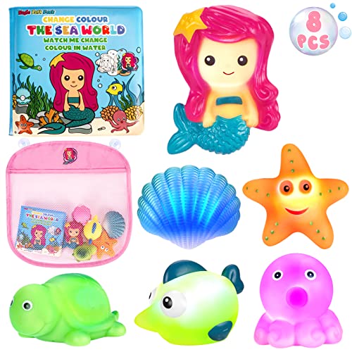 TSDATOWR Light Up Bath Toys for Toddlers Kids Girls Baby No Hole Glow Bath Toys with Bath Book Organizer Led Light Bath Time Water Toys for Bath Tubs Bathrooms Pool Gift for Toddlers Girls Infants - Image 1