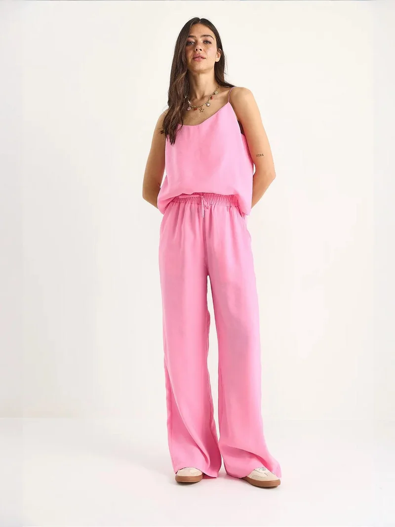 Bianco Lucci Bright Pink Sleeveless Camisole and Wide-Leg Trousers Coord Set for Women | Best Price UAE