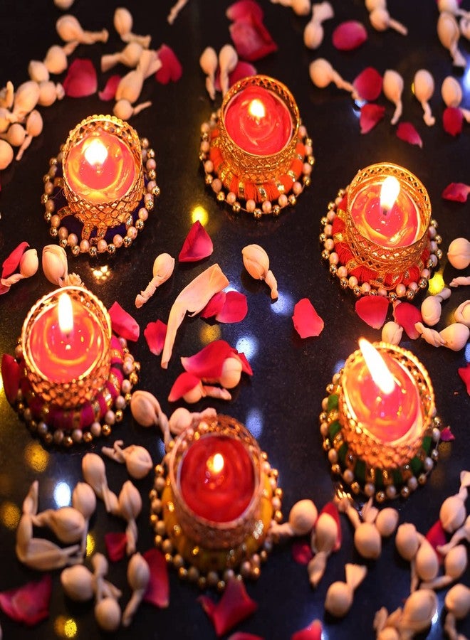 Kaameri Bazaar Set of 6 Metal Brass Diyas Decorated with Bangle and Beads for Diwali - Tealight Candle Holder for Diwali with 6 tealights - Image 2
