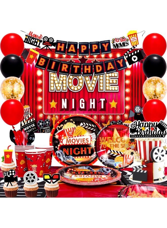 FRUITFUL PARTY Movie Night Birthday Party Decorations for 10 Guests, 116pcs Movie Night Party Disposable Tableware Movie Night Theme Balloons Banner Backdrop - Image 1