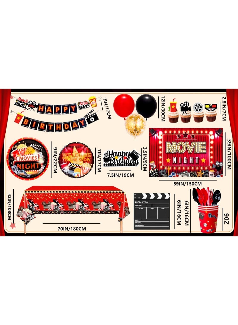 FRUITFUL PARTY Movie Night Birthday Party Decorations for 10 Guests, 116pcs Movie Night Party Disposable Tableware Movie Night Theme Balloons Banner Backdrop - Image 3