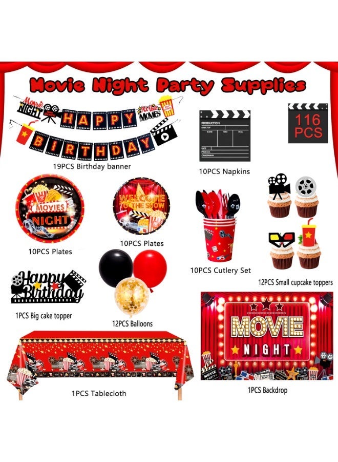 FRUITFUL PARTY Movie Night Birthday Party Decorations for 10 Guests, 116pcs Movie Night Party Disposable Tableware Movie Night Theme Balloons Banner Backdrop - Image 2