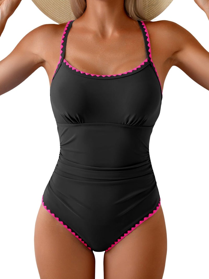 Eomenie Women's One Piece Swimsuit Tummy Control Slimming Bathing Suit Ruched Swimwear Tie Back Shell Stitch Swim Suit Black Pink - Image 1